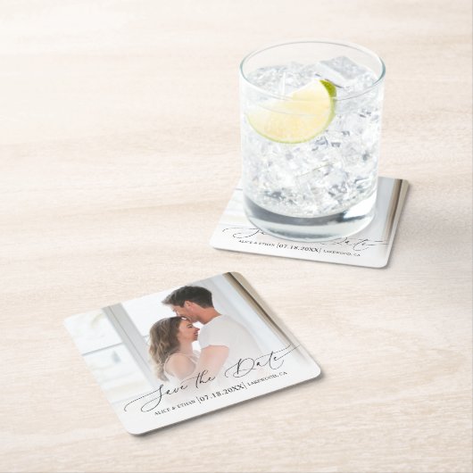 Chic Script Photo Wedding Save the Date Kartonnen Onderzetters (Insitu)