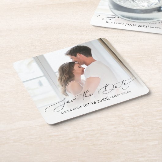 Chic Script Photo Wedding Save the Date Kartonnen Onderzetters (Schuin)