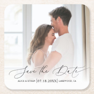 Chic Script Photo Wedding Save the Date Kartonnen Onderzetters