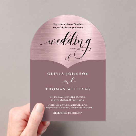 Chic Script Pink Rose Gold Arch Wedding Acryl Uitnodigingen (Insitu (Draagbaar))