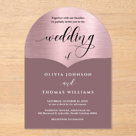 Chic Script Pink Rose Gold Arch Wedding Acryl Uitnodigingen (Voorkant)