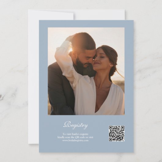 Chic Script QR Code Foto Dusty Blue Vrijgezellenfe Kaart (Achterkant)