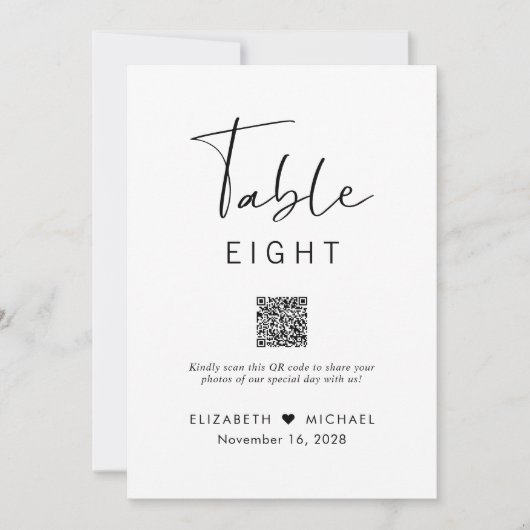 Chic script QR-code tafelnummer bruiloftsreceptie (Voorkant)