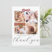 Chic Script Red Ribbon 4 Photo Baby Shower Bedankkaart (Staand voorkant)