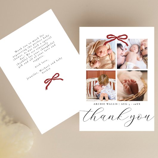 Chic Script Red Ribbon 4 Photo Baby Shower Bedankkaart