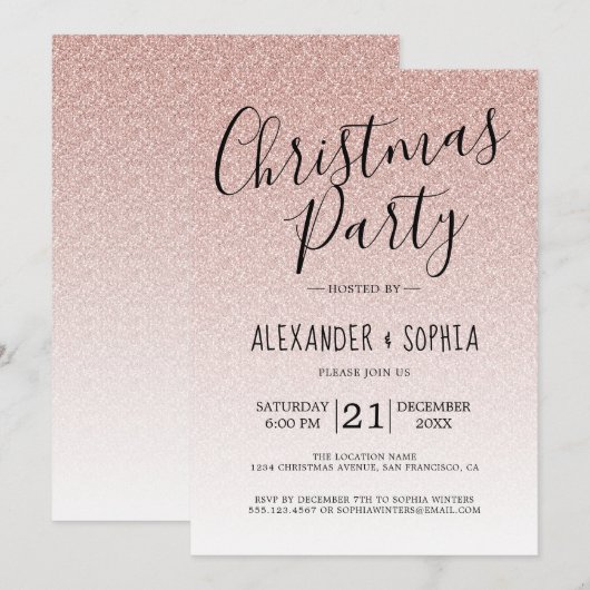 Chic Script Roze Glitter Ombre Kerstfeest Kaart (Voorkant / Achterkant)