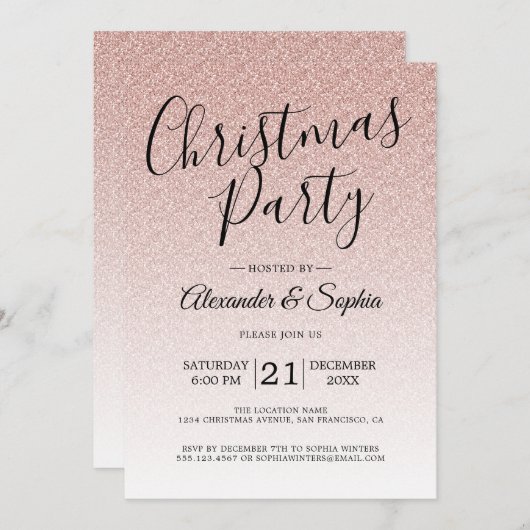 Chic Script Roze Glitter Ombre Kerstfeest Kaart (Voorkant / Achterkant)