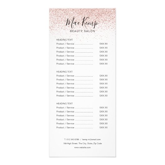 Chic Script Roze Gouden Glitter Salon Service Menu (Voorkant)