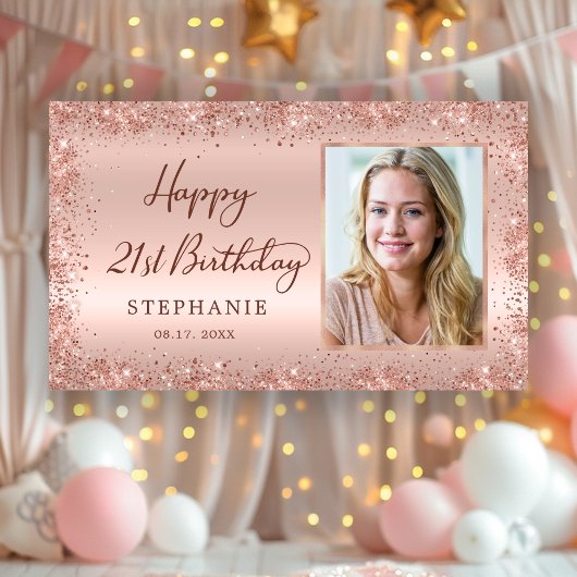 Chic Script Roze Gouden Glitters Foto 21e Verjaard Spandoek
