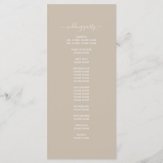 Chic Script Shiitake Gray Simple Minimal Wedding Programmakaart (Achterkant)