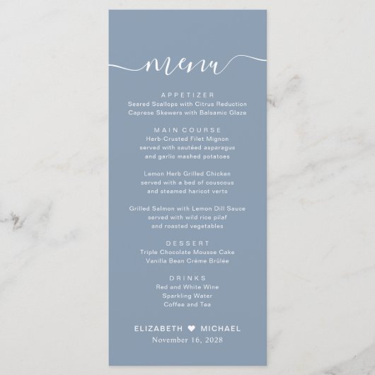 Chic Script Stofblauwe Huwelijk Menu (Voorkant)