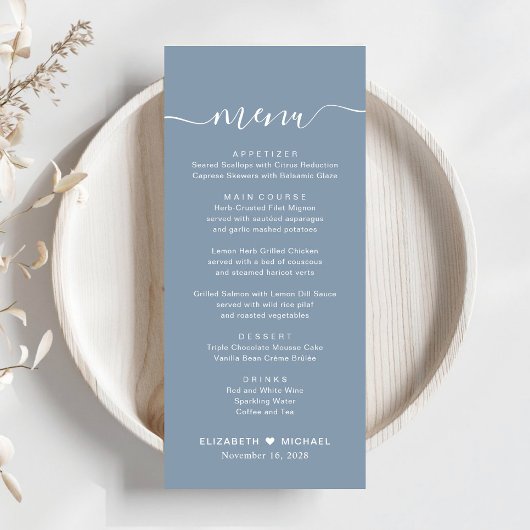 Chic Script Stofblauwe Huwelijk Menu