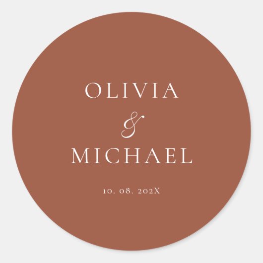 Chic Script Terracotta Minimalistische Trouwset Ronde Sticker (Voorkant)