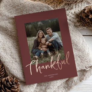 Chic Script Thanksgiving Foto Burgundy Rose Goud Folie Feestdagenkaart