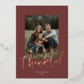Chic Script Thanksgiving Photo Burgundy Rose Gold  Folie Feestdagenkaart (Voorkant)