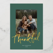Chic Script Thanksgiving Photo Dark Green Gold  Folie Feestdagenkaart (Voorkant)