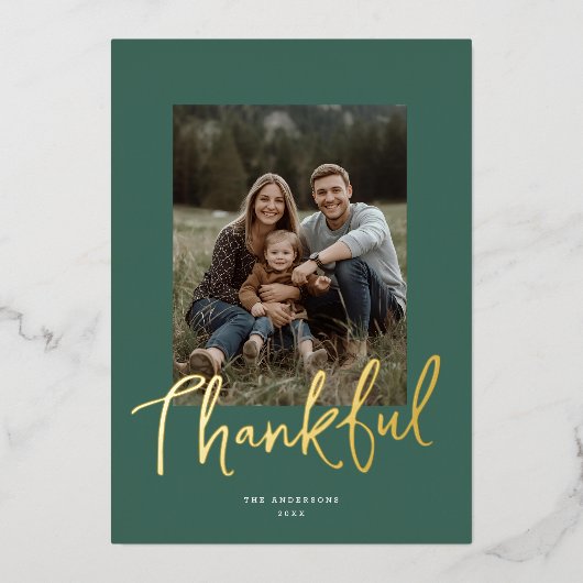 Chic Script Thanksgiving Photo Dark Green Gold Folie Feestdagenkaart (Voorkant)