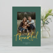 Chic Script Thanksgiving Photo Dark Green Gold  Folie Feestdagenkaart (Staand Voorkant)