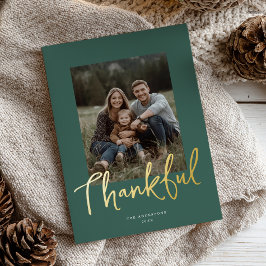 Chic Script Thanksgiving Photo Dark Green Gold  Folie Feestdagenkaart