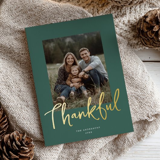 Chic Script Thanksgiving Photo Dark Green Gold  Folie Feestdagenkaart