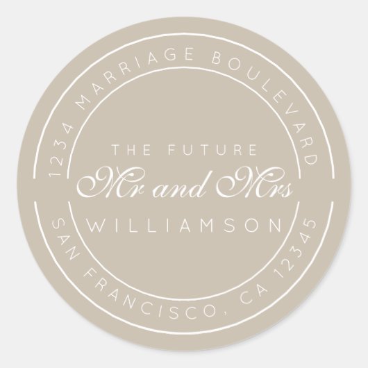 Chic Script Toekomstige Meneer Mevrouw Huwelijk Re Ronde Sticker (Voorkant)