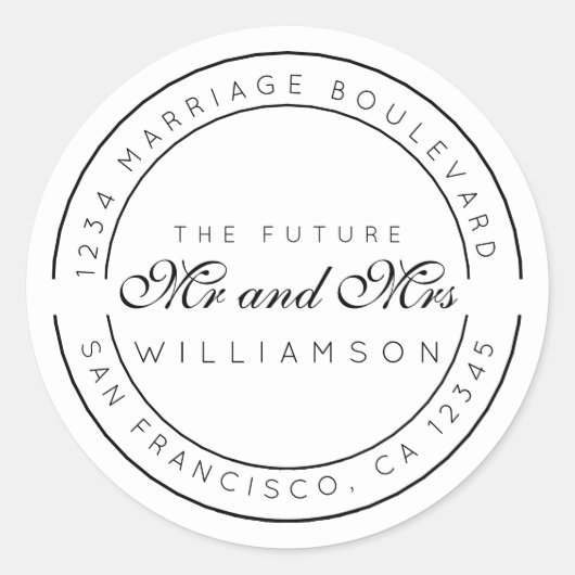 Chic Script Toekomstige Meneer Mevrouw Huwelijk Re Ronde Sticker (Voorkant)