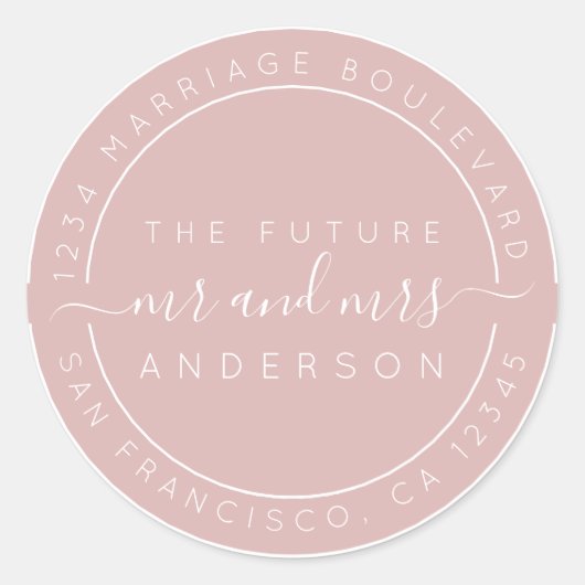 Chic Script Toekomstige Mr Mevrouw Huwelijk Retour Ronde Sticker (Voorkant)