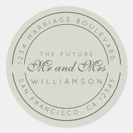 Chic Script Toekomstige Mr Mevrouw Huwelijk Retour Ronde Sticker (Voorkant)