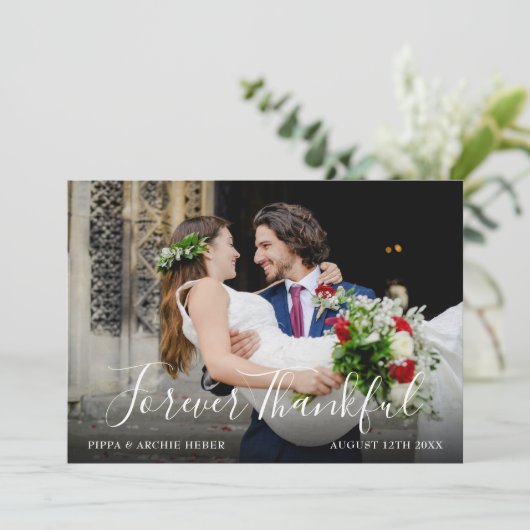 Chic script trouwfoto voor altijd dankbaar bedankkaart (Staand voorkant)