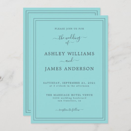 Chic Script Turquoise Blauw bruiloft uitnodiging (Voorkant / Achterkant)