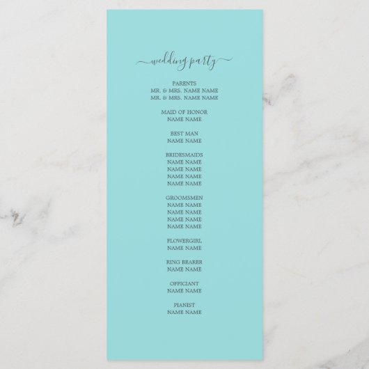 Chic Script Turquoise Blue Simple Minimal Wedding Programmakaart (Achterkant)