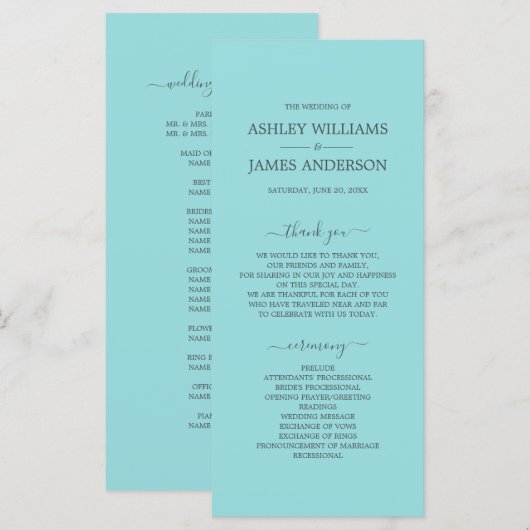 Chic Script Turquoise Blue Simple Minimal Wedding Programmakaart (Voorkant / Achterkant)