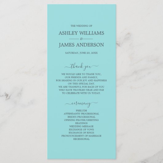 Chic Script Turquoise Blue Simple Minimal Wedding Programmakaart (Voorkant)