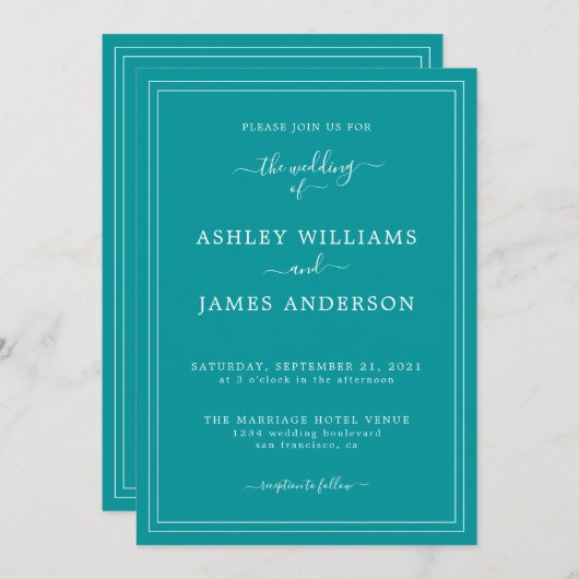 Chic Script Viridian Green Wedding-uitnodiging Kaart (Voorkant / Achterkant)