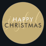 Chic Script Vrolijke Moderne Gelukkig Kerstmis Gou Ronde Sticker<br><div class="desc">Moderne elegante script vrolijk gouden sticker om te personaliseren met je kerstboodschap. Je kan de achtergrondkleur aanpassen aan je kerstthema. Ontworpen door Thisisnotme©</div>