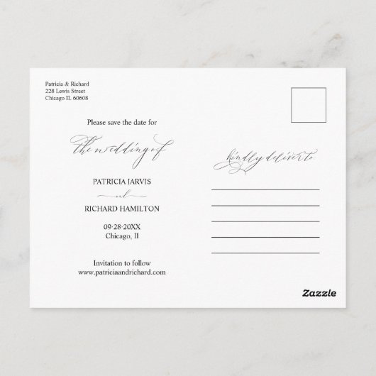 Chic Script Wedding Save the Date 3 Photo Collage Briefkaart (Achterkant)