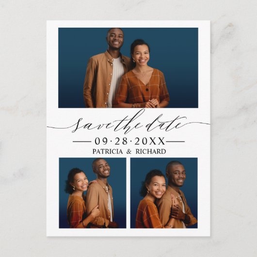 Chic Script Wedding Save the Date 3 Photo Collage Briefkaart (Voorkant)