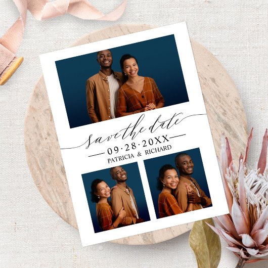 Chic Script Wedding Save the Date 3 Photo Collage Briefkaart