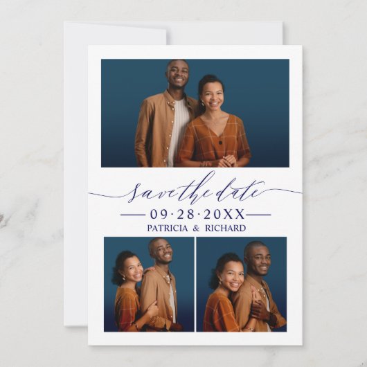 Chic Script Wedding Save the Date 3 Photo Collage Kaart (Voorkant)