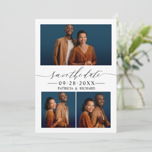 Chic Script Wedding Save the Date 3 Photo Collage Kaart (Staand voorkant)