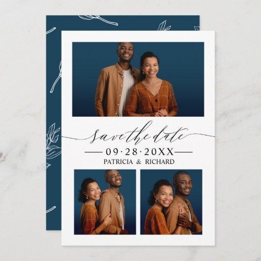 Chic Script Wedding Save the Date 3 Photo Collage Kaart (Voorkant / Achterkant)