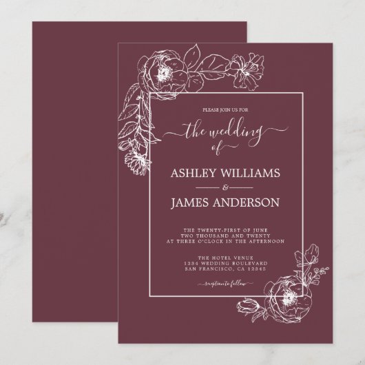 Chic Script White Floral Outline Bourgondische bru Kaart (Voorkant / Achterkant)