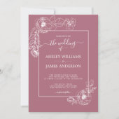 Chic Script White Floral Outline Cassis Wedding Kaart (Voorkant)