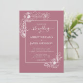 Chic Script White Floral Outline Cassis Wedding Kaart (Staand voorkant)