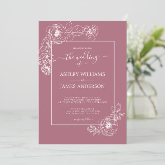 Chic Script White Floral Outline Cassis Wedding Kaart (Staand voorkant)