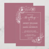 Chic Script White Floral Outline Cassis Wedding Kaart (Voorkant / Achterkant)