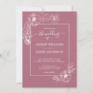 Chic Script White Floral Outline Cassis Wedding Kaart