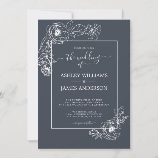 Chic Script White Floral Outline Dark Blue Wedding Kaart (Voorkant)