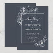 Chic Script White Floral Outline Dark Blue Wedding Kaart (Voorkant / Achterkant)