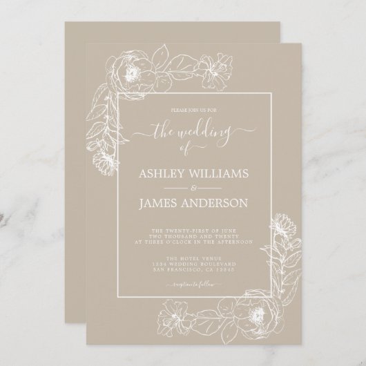 Chic Script Witte Bloem Omlijning Grijze Trouw Kaart (Voorkant / Achterkant)
